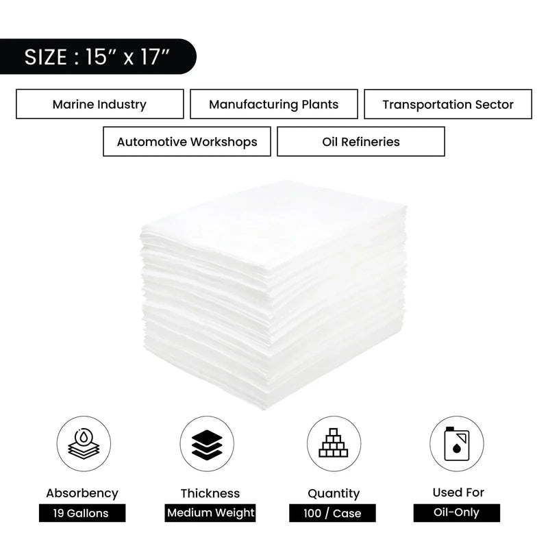 Oil-Only Meltblown Sorbent Pads - Medium Weight - 15" x 17" - Wiping Hub