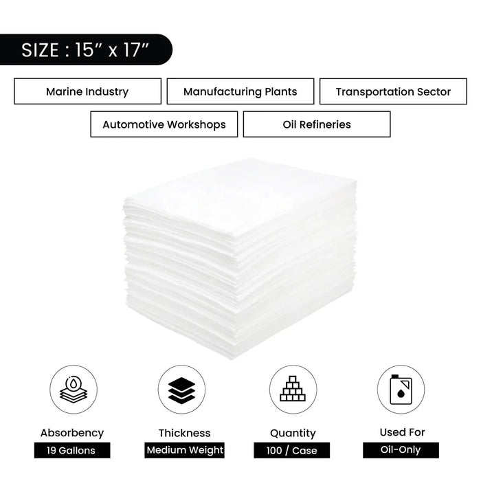 Oil-Only Meltblown Sorbent Pads - Medium Weight - 15" x 17" -  Wiping Hub