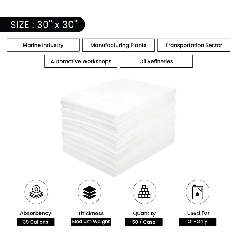 Oil-Only Meltblown King Sorbent Pads - Medium Weight - 30" x 30" - Wiping Hub