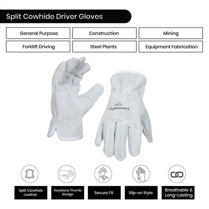 Split Cowhide Leather Driver Gloves - White - L, XL, 2XL