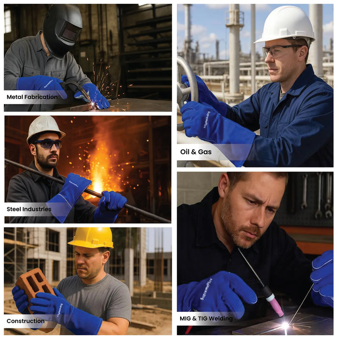 Split cowhide welding gloves double palm blue - Infographic - Wiping Hub