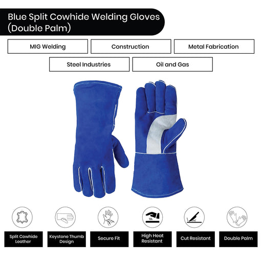 Split Cowhide Leather Welding Gloves - Double Palm - Blue - L, XL, 2XL