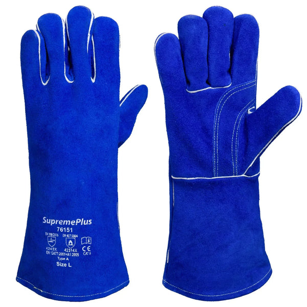 Leather Welding Gloves – Blue, Single & Double Palm, L–2XL