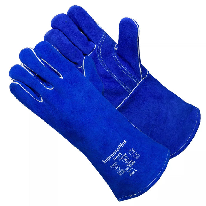 Split Cowhide Leather Welding Gloves - Single Palm - Blue - L, XL, 2XL - Wiping Hub