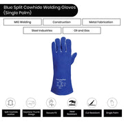 Split Cowhide Leather Welding Gloves - Single Palm - Blue - L, XL, 2XL - Wiping Hub