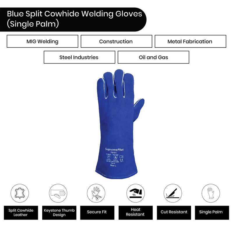 Split Cowhide Leather Welding Gloves - Single Palm - Blue - L, XL, 2XL - Wiping Hub