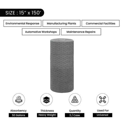 Universal Bonded Sorbent Rolls - Heavy Weight - 15" x 150' - Wiping Hub