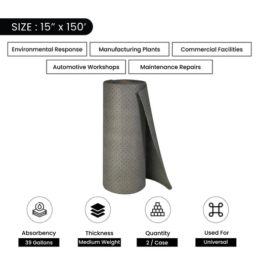 Universal Bonded Sorbent Rolls - Medium Weight - 15" x 150' - Wiping Hub