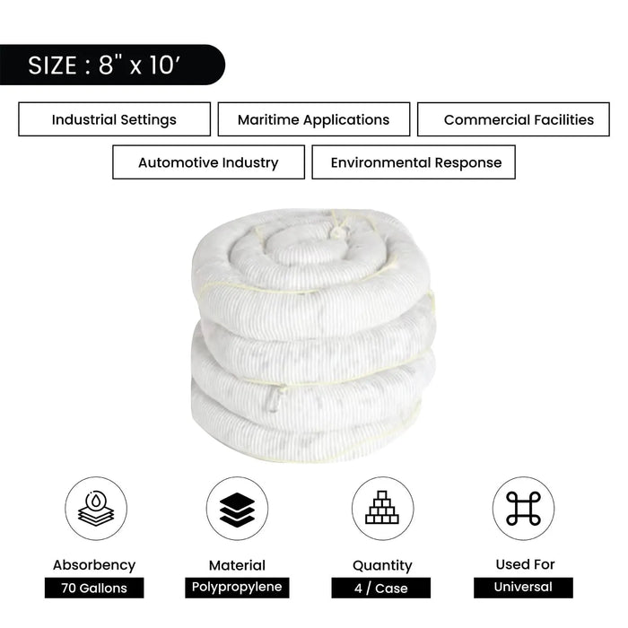 Universal General Purpose Sorbent Booms - 8" x 10' - Wiping Hub