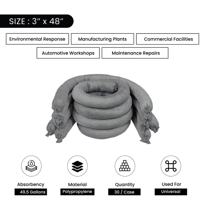 Universal General Purpose Sorbent Socks - 3" x 48" - 30/Case - Wiping Hub
