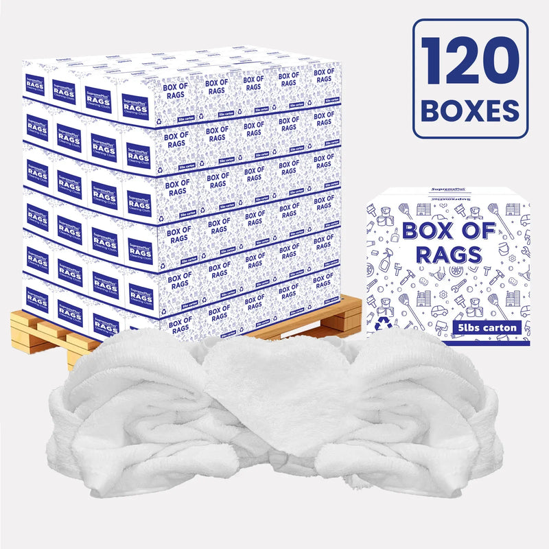 White Half Towel Cleaning Rags – 600 lbs Pallet – 120 × 5 lbs Boxes – Wiping Hub