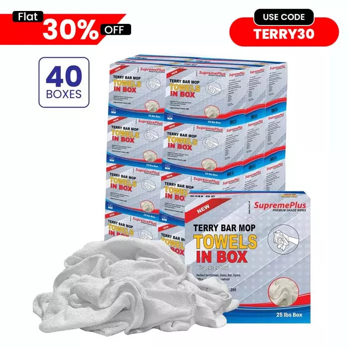 Terry White Bar Towels - 14x17 to 16x19 - 1000 lbs. Pallet - 40 x 25 lbs Compressed Box