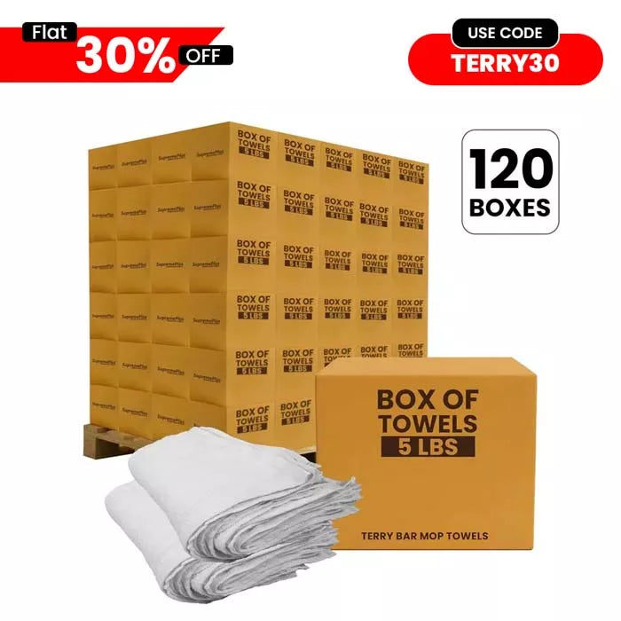 Bulk Clean Up Terry White Bar Towels - 14x17 to 16x19 - 600 lbs. Pallet - 120 x 5 lbs. Boxes