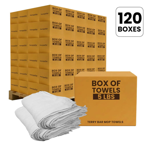 Bulk Clean Up Terry White Bar Towels - 14x17 to 16x19 - 600 lbs. Pallet - 120 x 5 lbs. Boxes - Wiping Hub