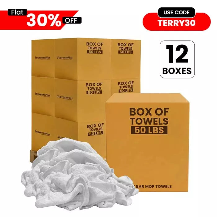 Bulk Clean Up Terry White Bar Towels  - 14x17 to 16x19 - 600 lbs. Pallet - 12 x 50 lbs. Boxes