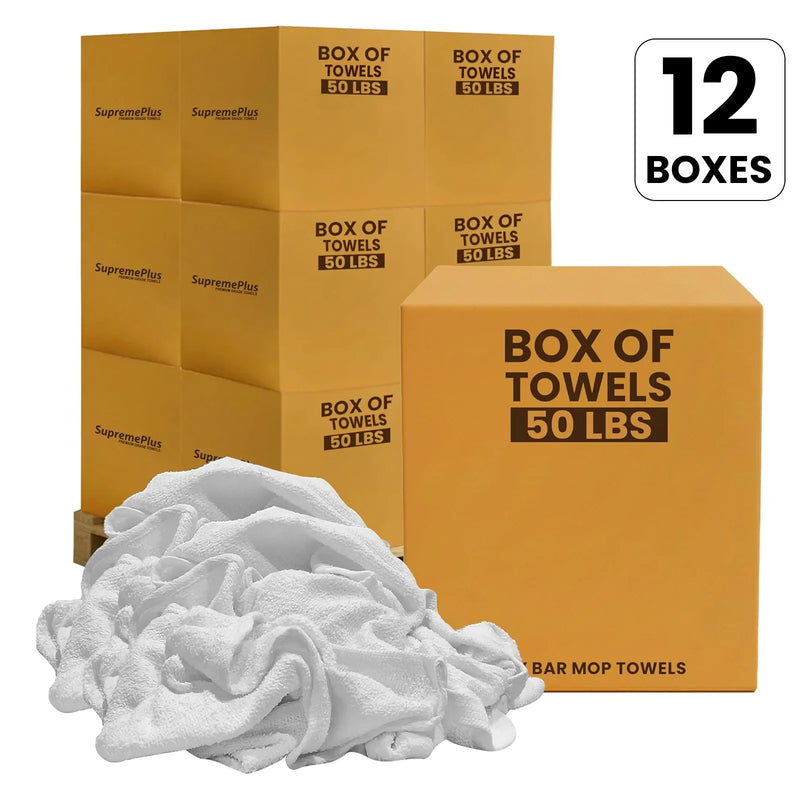 Bulk Clean Up Terry White Bar Towels  - 14x17 to 16x19 - 600 lbs. Pallet - 12 x 50 lbs. Boxes - Wiping Hub