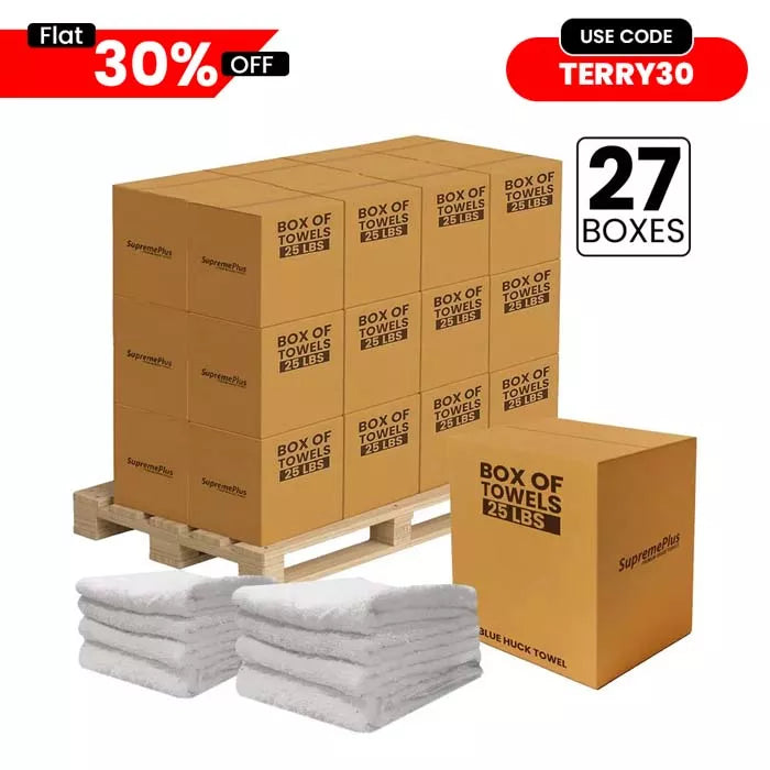 Bulk Clean Up Terry White Bar Towels - 14x17 to 16x19 - 675 lbs. Pallet - 27 x 25 lbs. Boxes