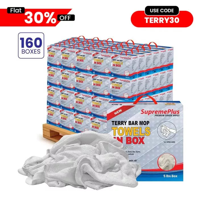 Bulk Clean Up Terry White Bar Towels  - 14x17 to 16x19 - 800 lbs. Pallet - 160 x 5 lbs. Compressed Boxes