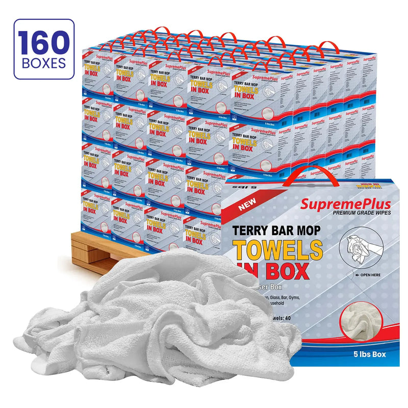 White Terry Bar Mop Cleaning Towels – 800 lbs Pallet – 160 × 5 lbs Boxes – Wiping Hub