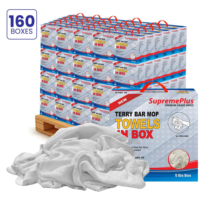 White Terry Bar Mop Cleaning Towels – 800 lbs Pallet – 160 × 5 lbs Boxes – Wiping Hub