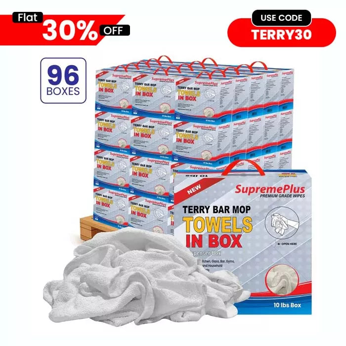 Bulk Clean Up Terry White Bar Towels - 14x17 to 16x19 - 960 lbs. Pallet - 96 x 10 lbs. Compressed Boxes
