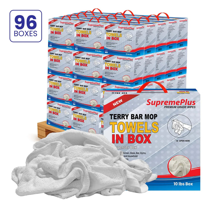 White Terry Bar Mop Cleaning Towels – 960 lbs Pallet – 96 × 10 lbs Boxes – Wiping Hub